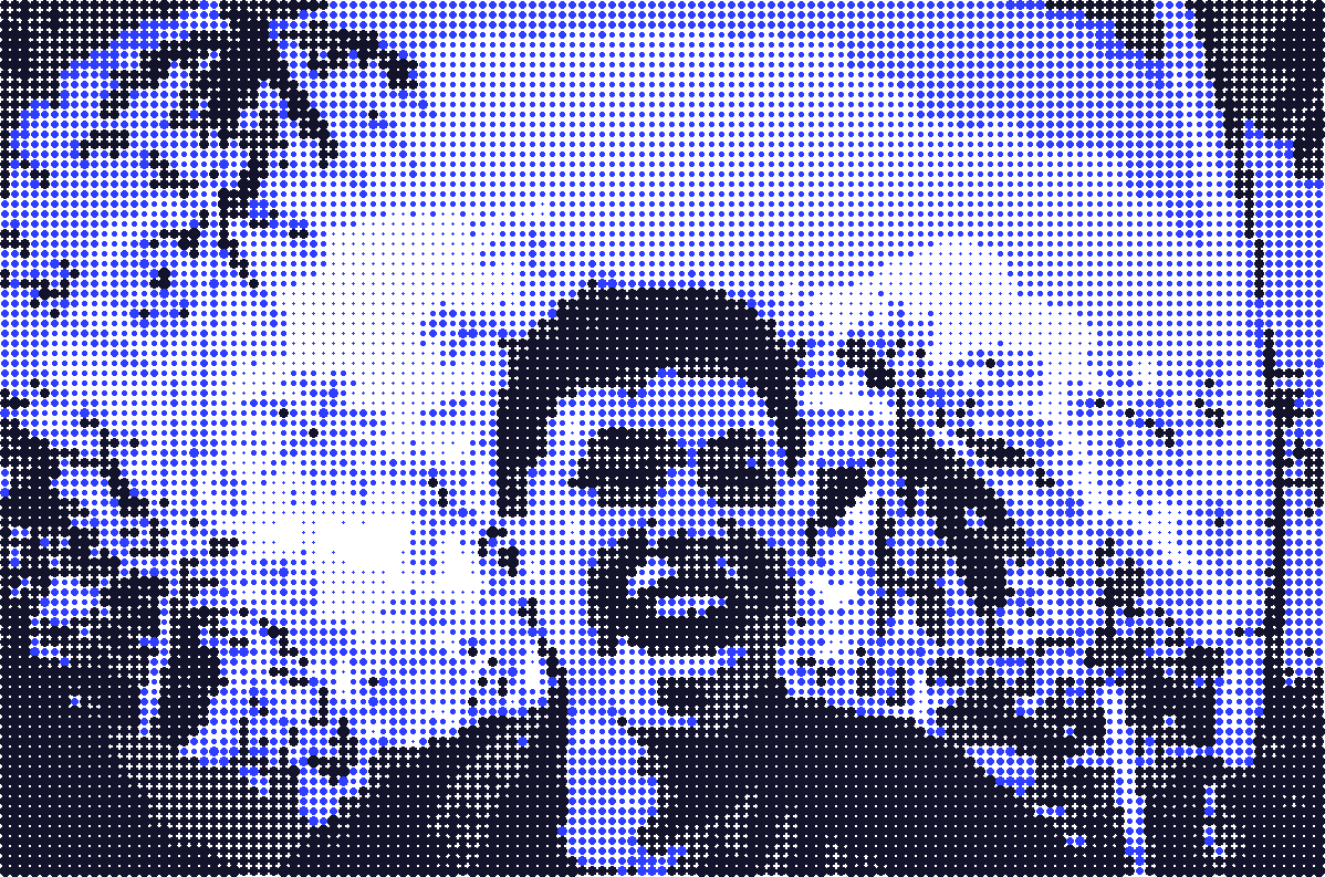 Adolescente riant, halftone bichrome encre et bleu Klein